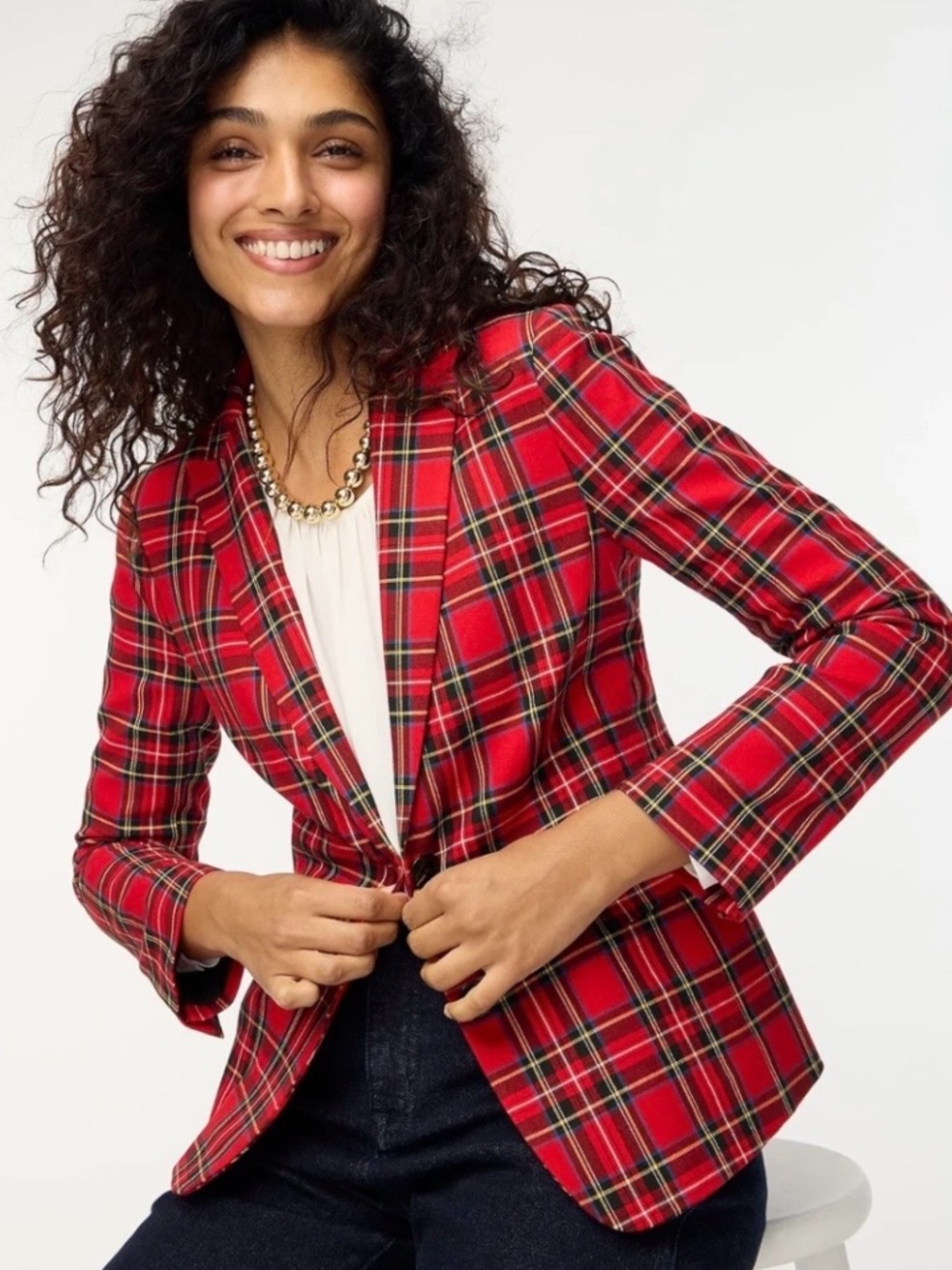 J. CREW FACTORY Cotton Blend Red Plaid Tartan 2 Button Blazer Front Flap Pockets